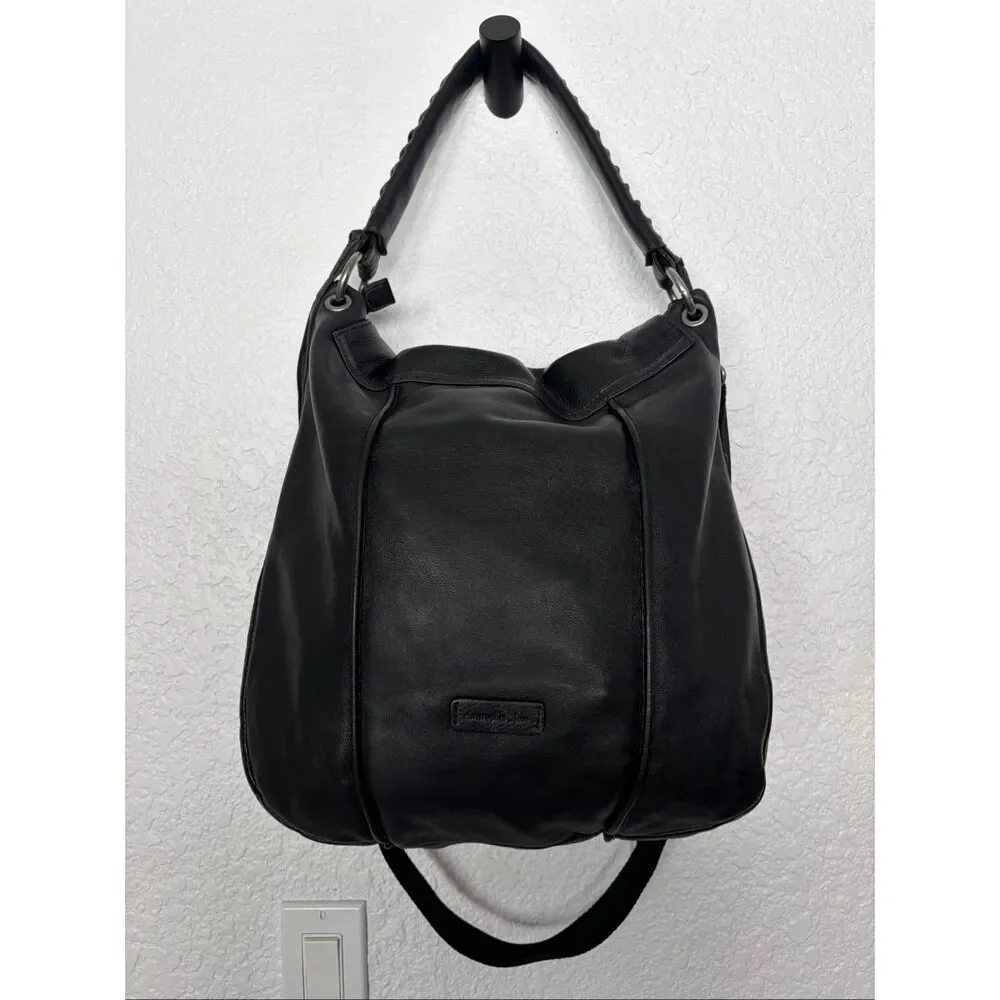 Christopher Kon Black Leather Hobo Crossbody Bag Braided Strap Fringe Tassels